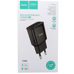 Блочек USB Hoco C88A 2.4A 2USB черный (12) - фото