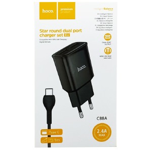 СЗУ Type-C Hoco C88A 2.4A-2USB 2в1 черное 1 м (12) - фото