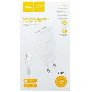 СЗУ Type-C Hoco C88A 2.4A-2USB 2в1 белое 1 м (12) - фото