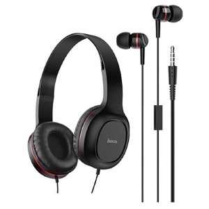 Hands Free 3.5 набор Hoco W24 большие+вакуумные черно-красные 1,2м - фото