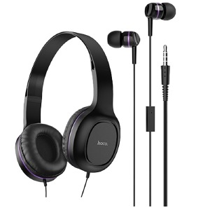 Hands Free 3.5 набор Hoco W24 большие+вакуумные черно-фиолетовые 1,2м - фото