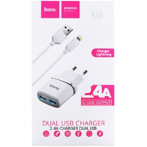 СЗУ iPhone Lightning Hoco C12 2.4A/2USB белый (10) - фото