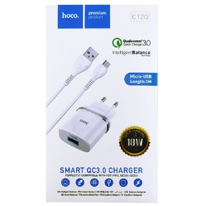 СЗУ microUSB Hoco C12Q 3A QC3.0 2в1 белое 1м (10) - фото