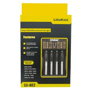 Зарядное для аккумуляторов LiitoKala Lii-402 4х/универсальное/Li-ion/NiMH/NiCD/LiFePO4/LCD индикатор/1USB/PowerBank Function/11,2х9х3см/черное - фото