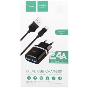 СЗУ microUSB Hoco C12 2.4A-2USB 2в1 черное - фото