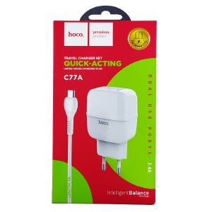 СЗУ microUSB Hoco C77A 2.4A/2USB белый 1м (12) - фото