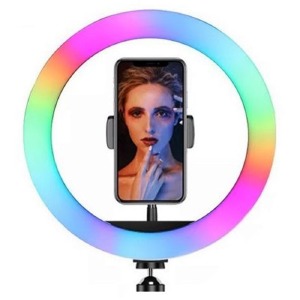 Кольцевая LED-селфи лампа RGB 33см MJ33 держатель для телефона/без подставки/пульт на проводе/USB - фото