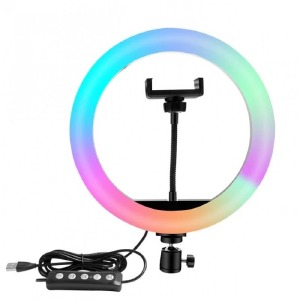 Кольцевая LED-селфи лампа RGB 26см MJ26 держатель для телефона/без подставки/пульт на проводе/USB - фото