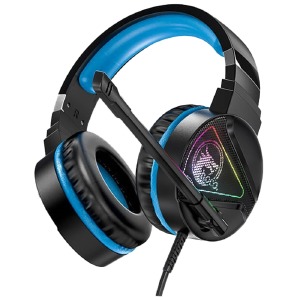 Наушники компьютерные Hoco W104 USB/2x3.5/LED RGB подсветка синие 2,4м - фото
