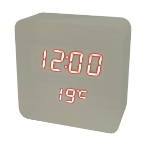 Часы настольные с будильником VST-872-6 в виде светлого дерев.бруска с красной подсветкой - фото