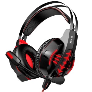 Наушники компьютерные Hoco W102 USB/2x3.5/LED красная подсветка черно-красные 2м - фото