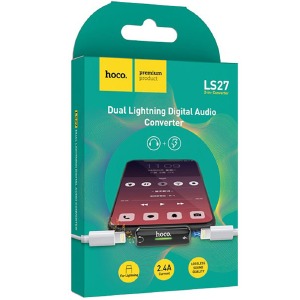 Адаптер iPhone Lightning - 2 x Lighting Hoco LS27 2.4A (зарядное+наушники) серый - фото