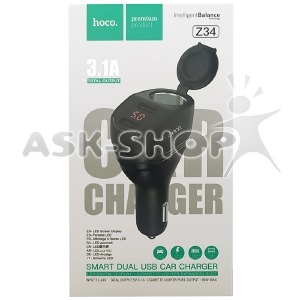 АЗУ USB блочек 3,1A 2USB Hoco Z34 черный + LCD + разьем прикуривателя - фото