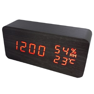 Часы настольные VST-862s-1 будильник/дата/температура/влажность/от сети и батареек/в виде черного дерев.бруска/красная подсветка - фото