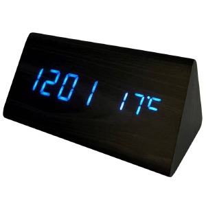 Часы настольные с будильником VST-861-5 в виде черного дерев.бруска с синей подсветкой - фото