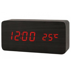 Часы настольные с будильником VST-863-1 в виде черного дерев.бруска с красной подсветкой - фото