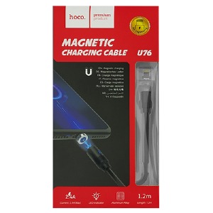 Кабель iPhone Lightning (5/6/7/8...) Hoco U76 магнитный с подсветкой тканевой черный 1,2 м - фото