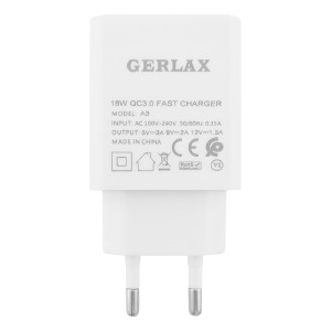 Блочек USB Gerlax A3s 3A 18w QC 3.0 1USB белый в т.у. - фото