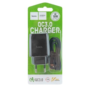 СЗУ Type-C HOCO C72Q 1USB 18w QC3.0 2в1 черное 1 м (30) - фото