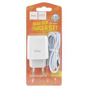 СЗУ Type-C Hoco C73A 2.4A/2USB/блистер белый 1м (30) - фото
