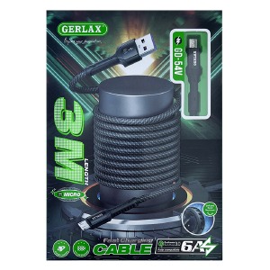 Кабель microUSB Gerlax GD-54V3 6А/QC3.0 тканевой черный 3м - фото