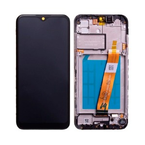 Дисплей для телефона Samsung A015/A01 черный, с тачскрином модуль с корпусной рамкой,100% сервис оригинал (узкий коннектор шлейфа) - фото