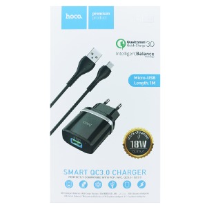 СЗУ microUSB Hoco C12Q 3A/1USB/18W/QC3.0 черный 1м (10) - фото