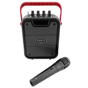 Колонка чемодан мини Borofone BP7 22,5х14,5х9,9 с проводн.микрофоном, эквалайзер, LED черная - фото