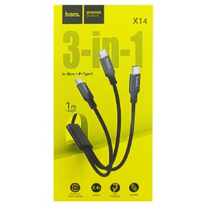 Кабель 3в1 (microUSB+Lightning+Type-C) Hoco X14 тканевой черный 1м (20) - фото