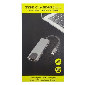 Конвертер Type-C 5в1 (RJ45+PD+HDMI+USB3.0+USB2.0) стальной - фото