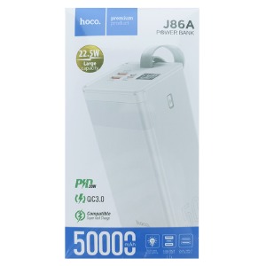 Power bank/Павербанк 50000mA Hoco J86A белый 2USB QC3.0 22.5W+PD20W+LED с фонариком (input micro, Type-C 18W) - фото