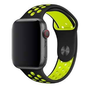 Ремешок для Apple Watch 38/40/41mm Sport цельн. перф. черный с салатовым (M размер-150мм)# - фото