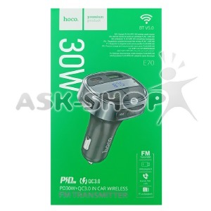 FM модулятор Hoco E70 12-24V/2USB/QC3.0/PD30W/MicroSD/BT5.0/LCD дисплей черный - фото