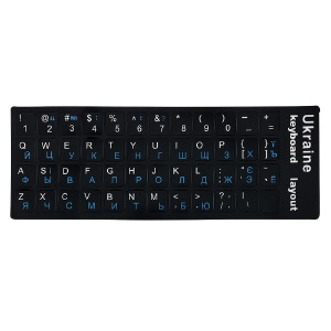 Наклейки на клавиатуру черные матовые с синими буквами укр/рус/англ - фото