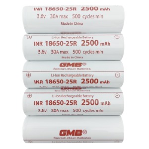 Аккумулятор 18650 GMB INR 2500 mA 3.6v 30A(12C) по 5 шт/цена за 1 бат. - фото