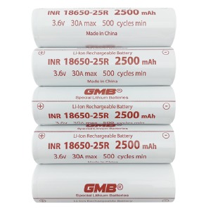 Аккумулятор 18650 GMB INR 2500 mA 3.7v 30A(12C) по 5 шт./цена за 1 бат. - фото