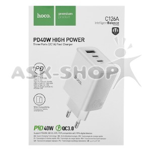 Блочек USB Hoco C126A 2xPD-40W + QC3.0-1USB белый - фото