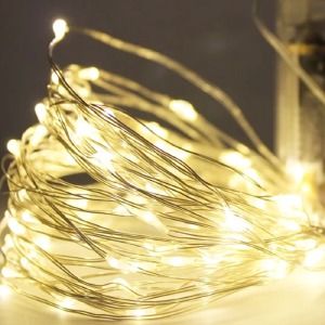 Гирлянда на медной проволке 100 LED 10м теплый белый свет работает от батареек+USB - фото