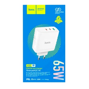 Блочек USB Hoco N30 GaN 1USB/2PD/65W/QC3.0 белое - фото