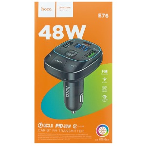 FM модулятор Hoco E76 12-24V/2USB/PD45W/QC3.0/BT5.0/RGB/LCD дисплей черный - фото