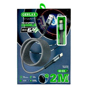 Кабель iPhone Lightning Gerlax GD-52L2 6А/SUPER CHARGE тканевой черный 2м  - фото
