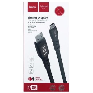 Кабель Type-C Hoco S6 Led дисплей+таймер 3,0A плоский черный 1,2 м - фото
