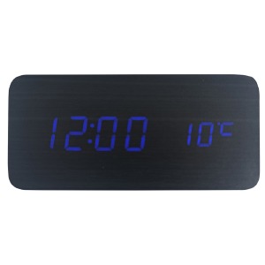 Часы настольные с будильником VST-862-5 в виде черного дерев.бруска с синей подсветкой - фото