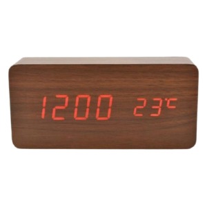 Часы настольные с будильником VST-862s-1 в виде коричневого дерев.бруска с красной подсветкой - фото