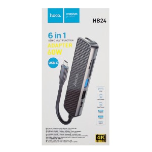 HUB Type-C Hoco HB24 6 в 1 (HDMI+USB3.0+USB2.0+SD+TF+PD) 60W Metal Gray - фото