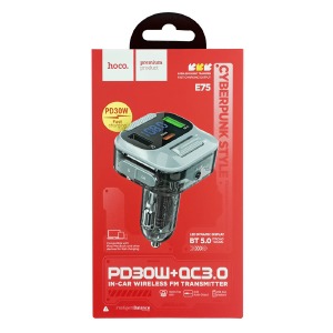 FM модулятор Hoco E75 12-24V/2USB/PD30W/QC3.0/AUX/BT5.0/LCD дисплей чорний - фото