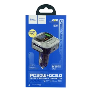 FM модулятор Hoco E75 12-24V/2USB/PD30W/QC3.0/AUX/BT5.0/LCD дисплей темно-синий - фото