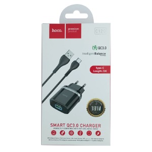 СЗУ Type-C Hoco C12Q 3A/1USB/18W/QC3.0 черный 1м (10) - фото
