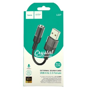 Переходник USB(папа) - 3,5 AUX(мама) Hoco LS37 черный 0,15м - фото