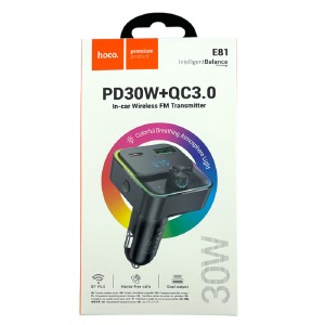 FM модулятор Hoco E81 12-24V/1USB/PD30W/QC3.0/BT5.0/RGB/LCD дисплей черный - фото